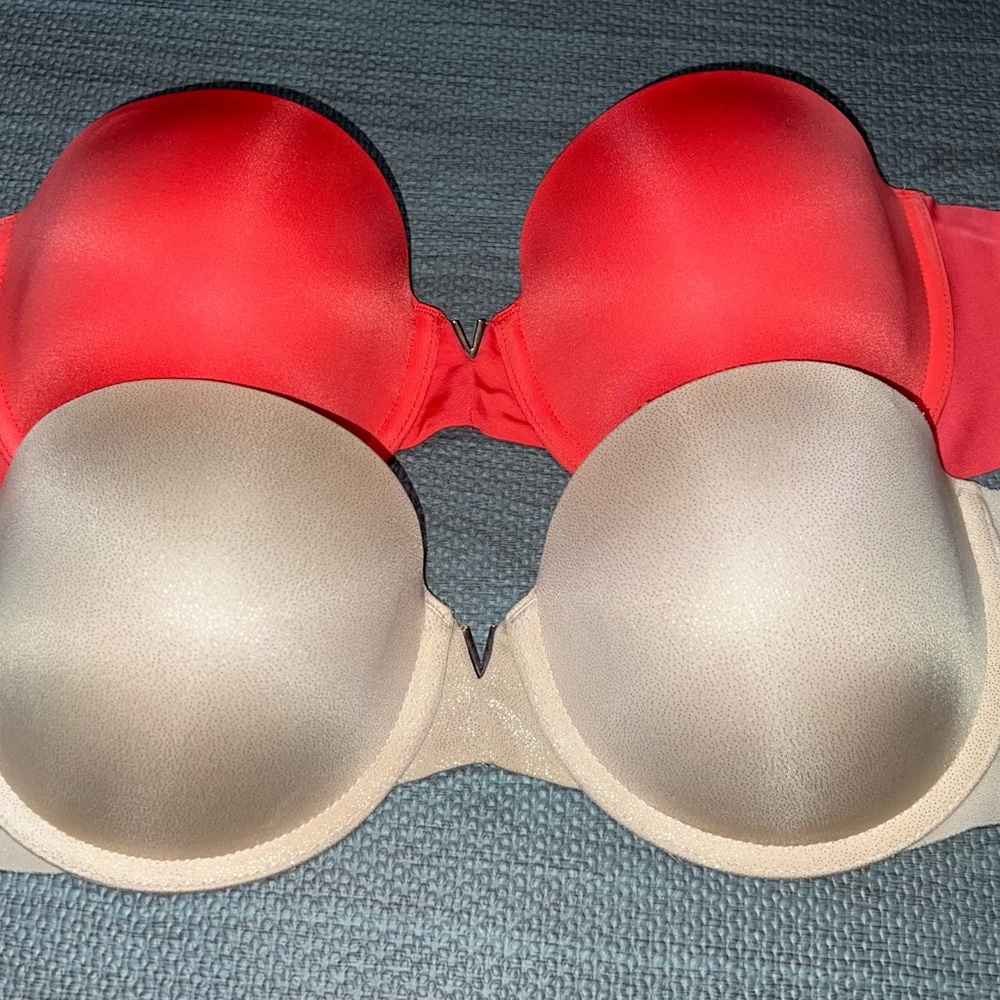 Victoria's Secret Red and Tan Strapless Bra Duo